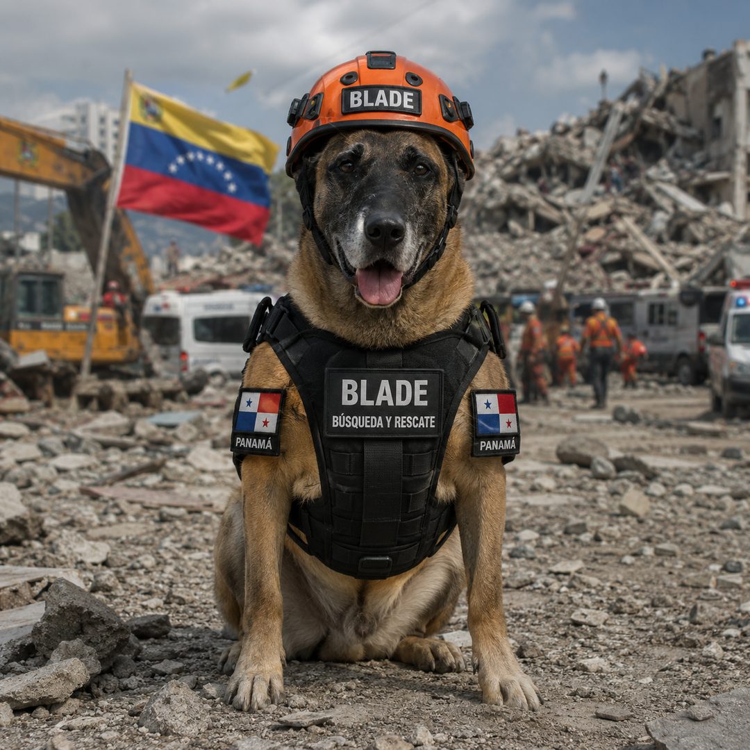 Blade, perro rescatista de Panamá, participando en las labores de búsqueda y rescate tras los terremotos en Venezuela de 2026.