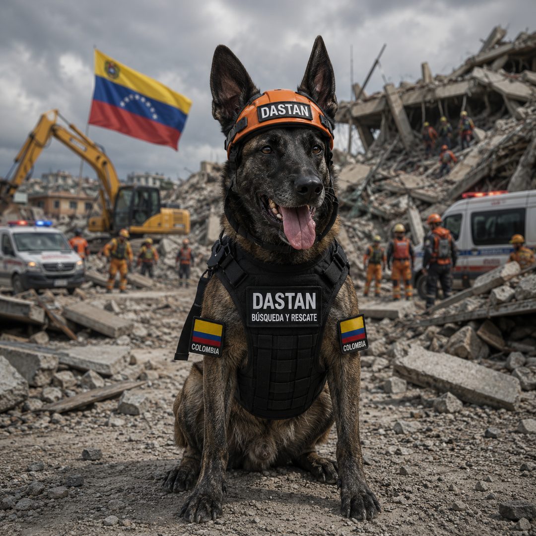 Dastan, perro rescatista de Colombia, participando en las labores de búsqueda y rescate tras los terremotos en Venezuela de 2026.