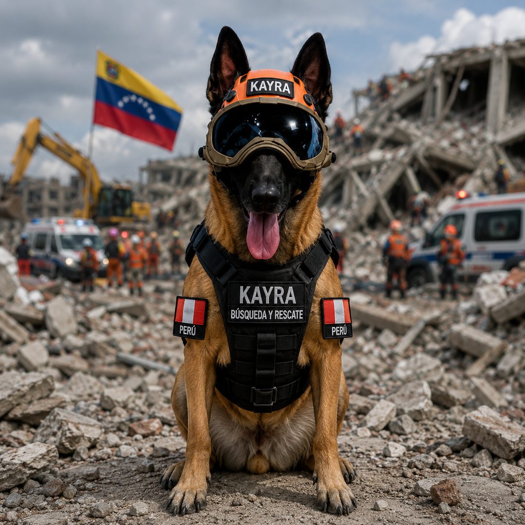 Kayra, perra rescatista de Perú, participando en las labores de búsqueda y rescate tras los terremotos en Venezuela de 2026.
