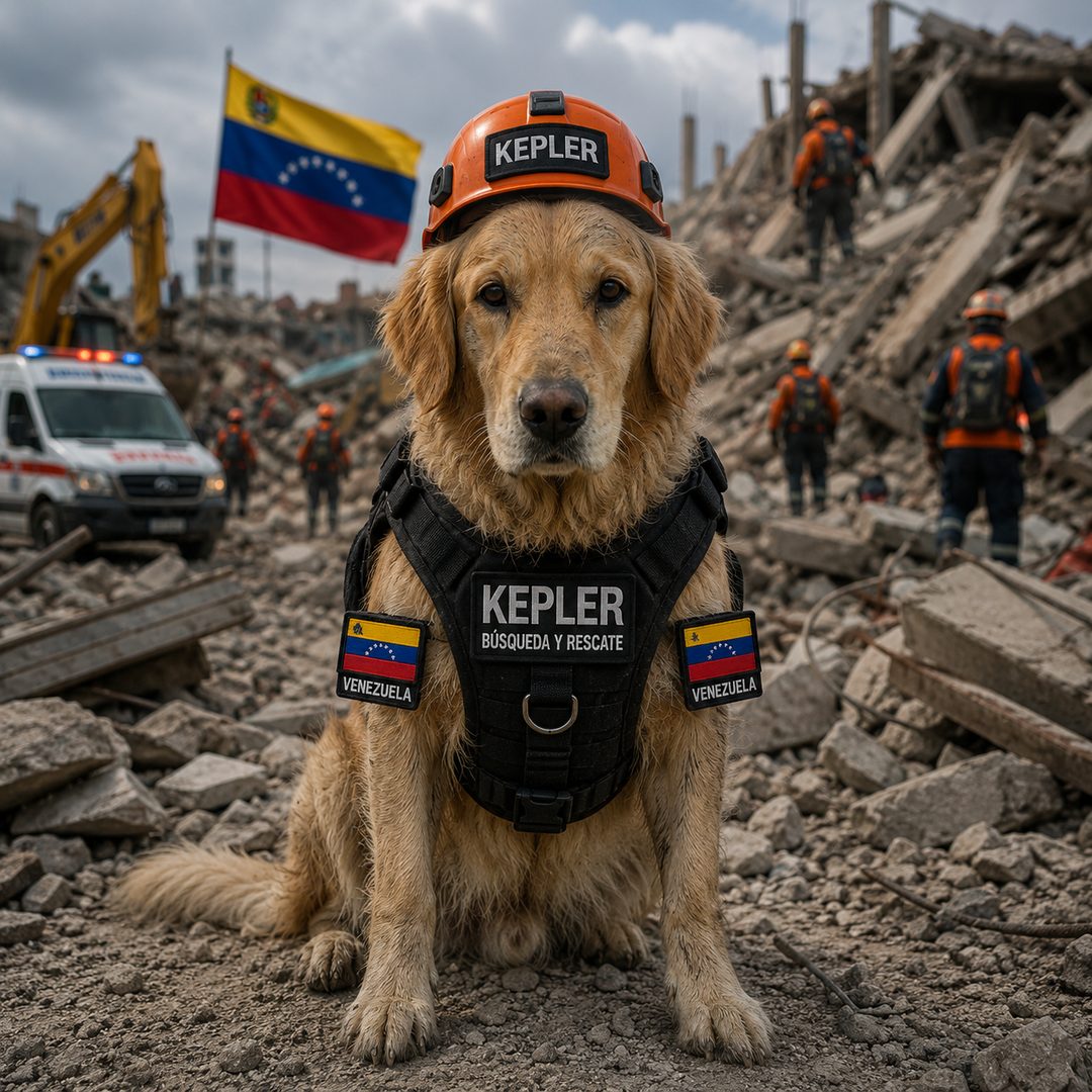 Kepler, perro rescatista de Venezuela, participando en las labores de búsqueda y rescate tras los terremotos en Venezuela de 2026.