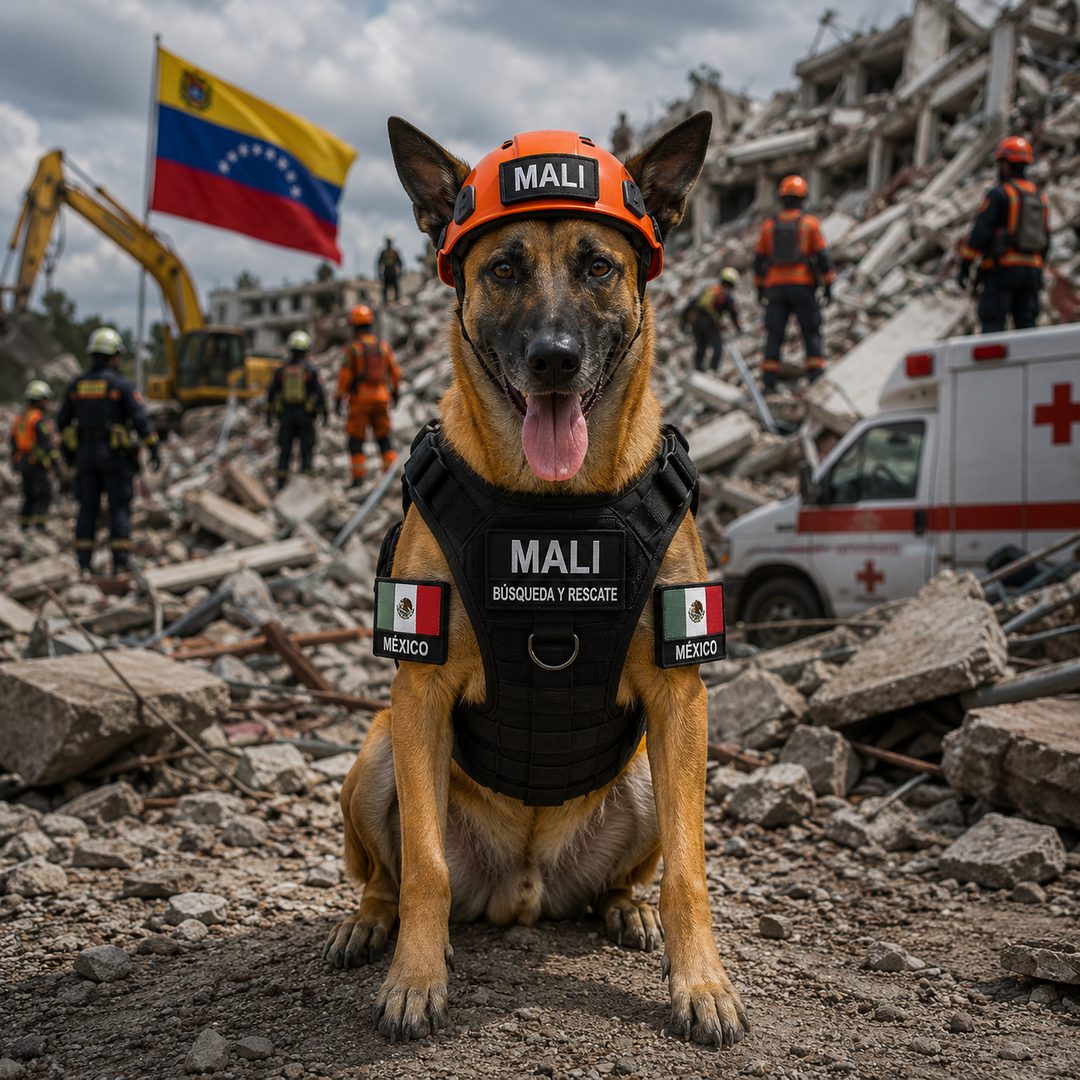 Mali, perro rescatista de México, participando en las labores de búsqueda y rescate tras los terremotos en Venezuela de 2026.