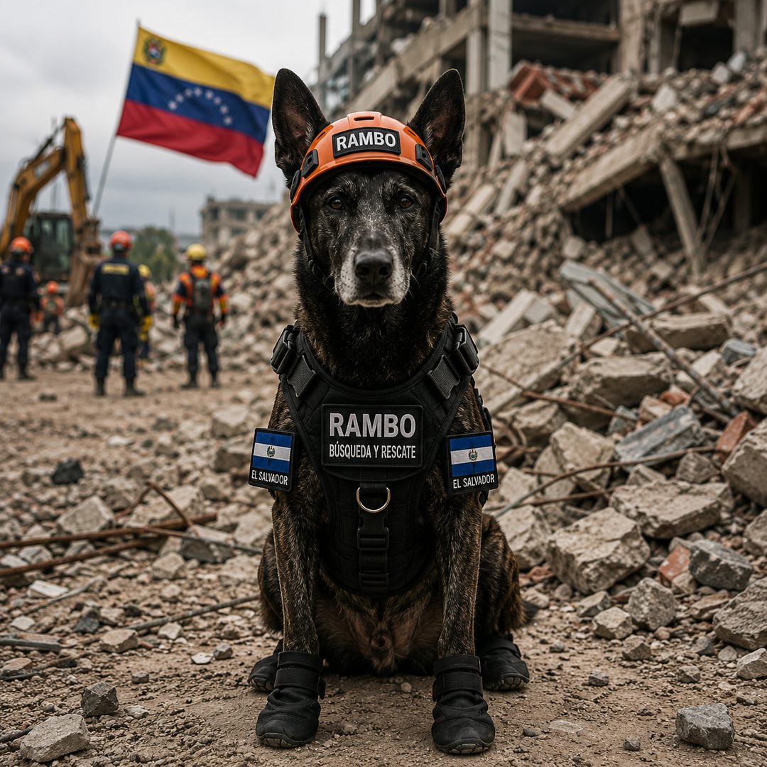 Rambo, perro rescatista de El Salvador, participando en las labores de búsqueda y rescate tras los terremotos en Venezuela de 2026.