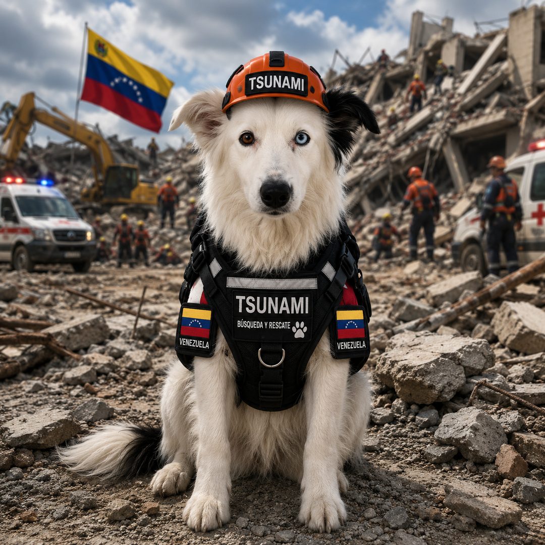 Tsunami, perro rescatista de Venezuela, participando en las labores de búsqueda y rescate tras los terremotos en Venezuela de 2026.